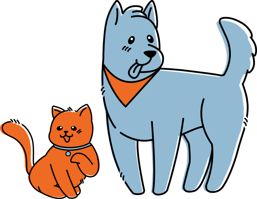 Bianca y Lucas, la gata naranja y el perro azul de la marca.