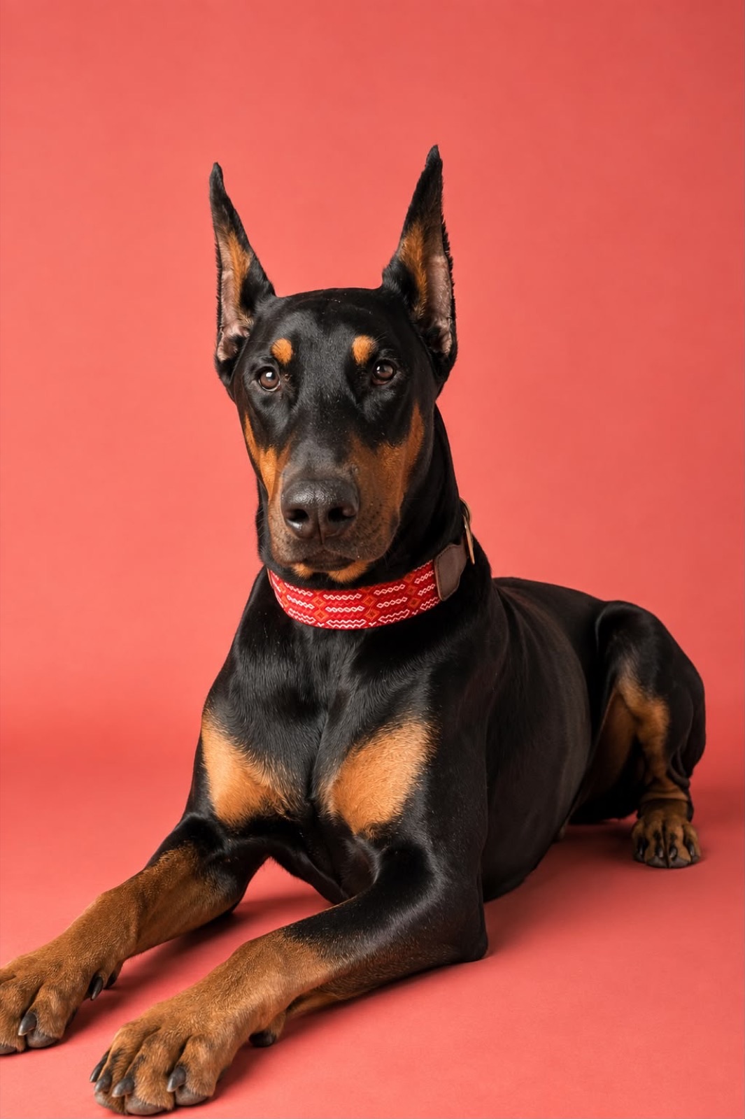 Doberman echado sobre fondo rojo, con su collar tejido rojo puesto.